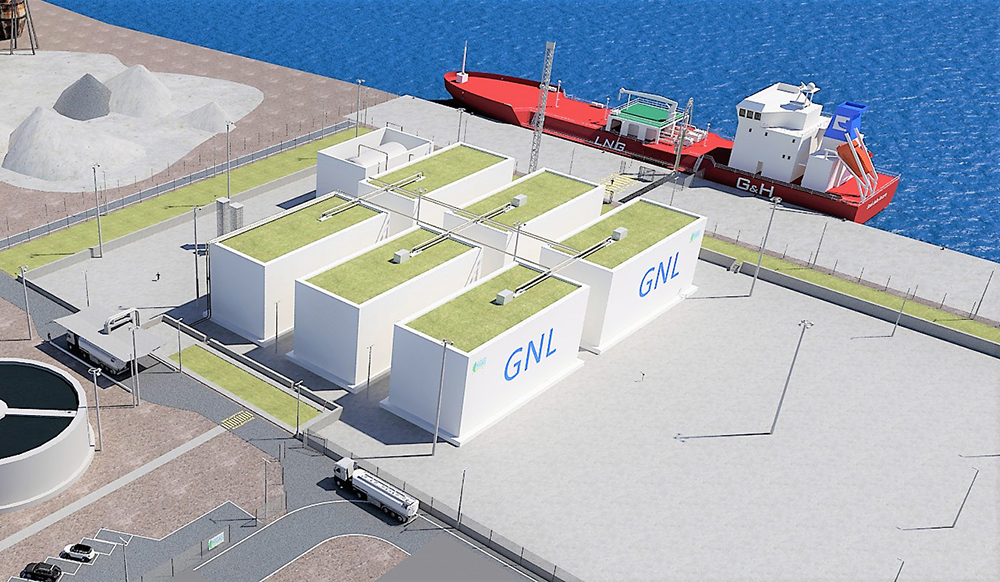 A view of the future Higas Oristano GNL project in the port of in Port of Santa Giulia