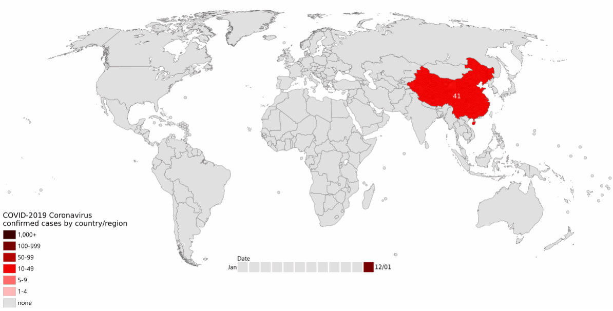 La diffusione del Coronavirus nel mondo fino al 22 febbraio (wikipedia)